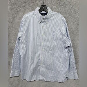 Ralph Lauren Dress Shirt Men 17.5 34/35 Blue White Striped Cotton Button Up